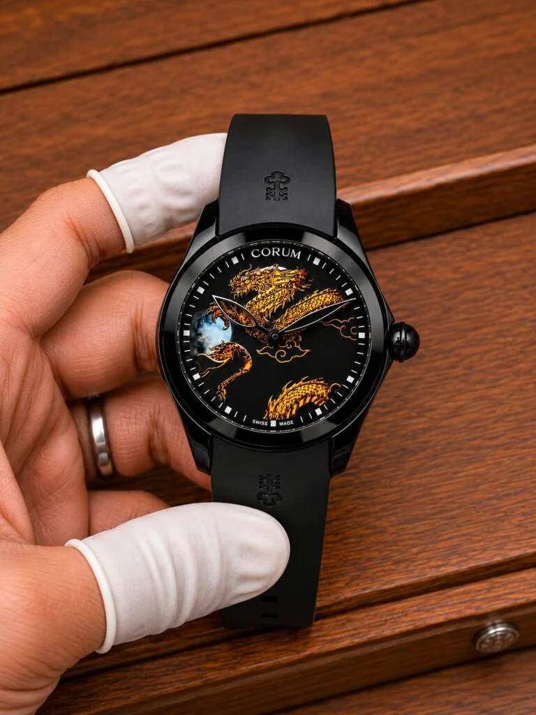 Dragon dial automatic watch held in hand