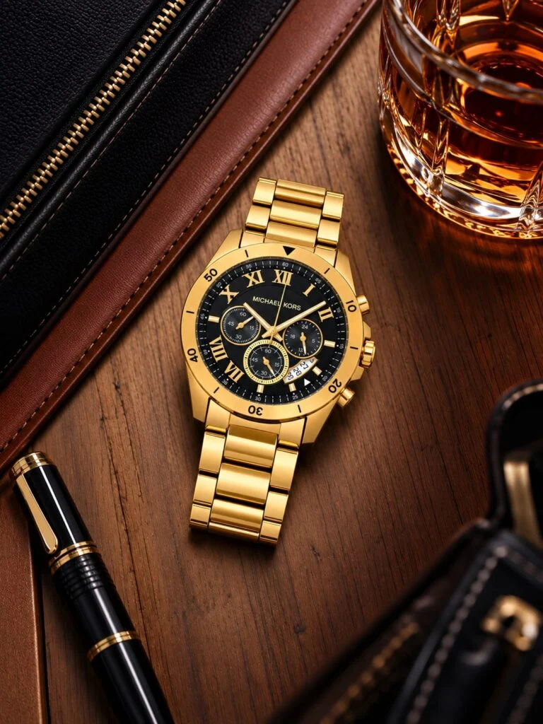 Gold-tone 45mm chronograph watch with a black Roman-numeral dial and steel bracelet