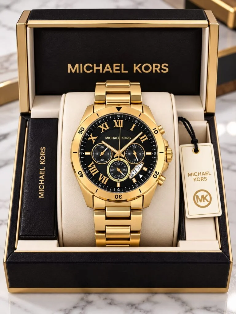 Gold-tone 45mm chronograph watch with a black Roman-numeral dial and steel bracelet