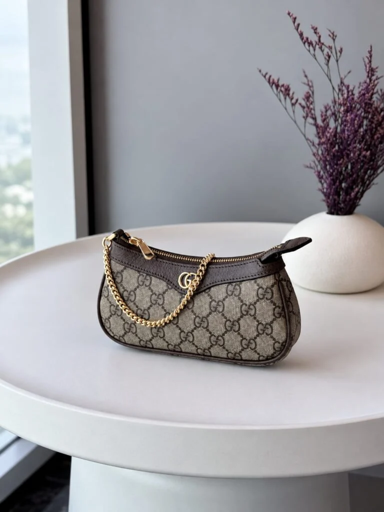 Mini monogram-canvas shoulder bag with leather trim and a gold chain