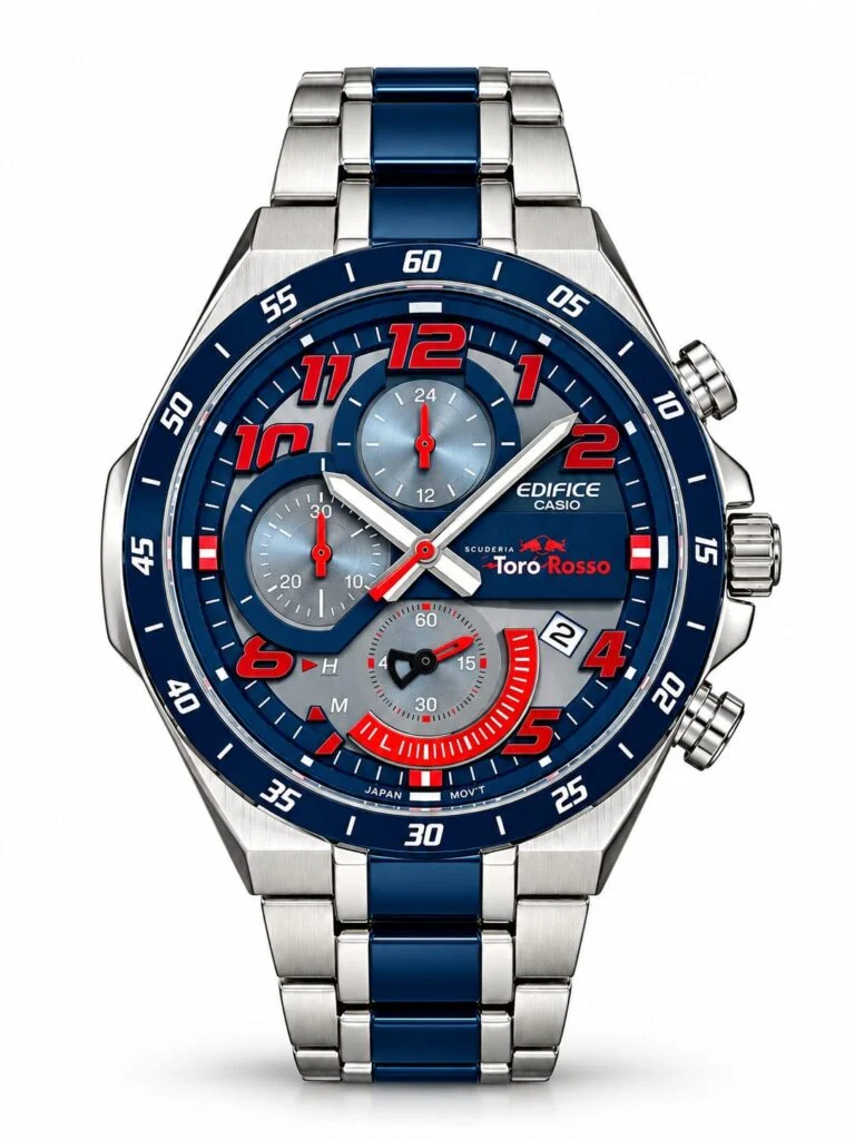 Racing chronograph watch with a blue textured dial, red accents and a two-tone steel bracelet