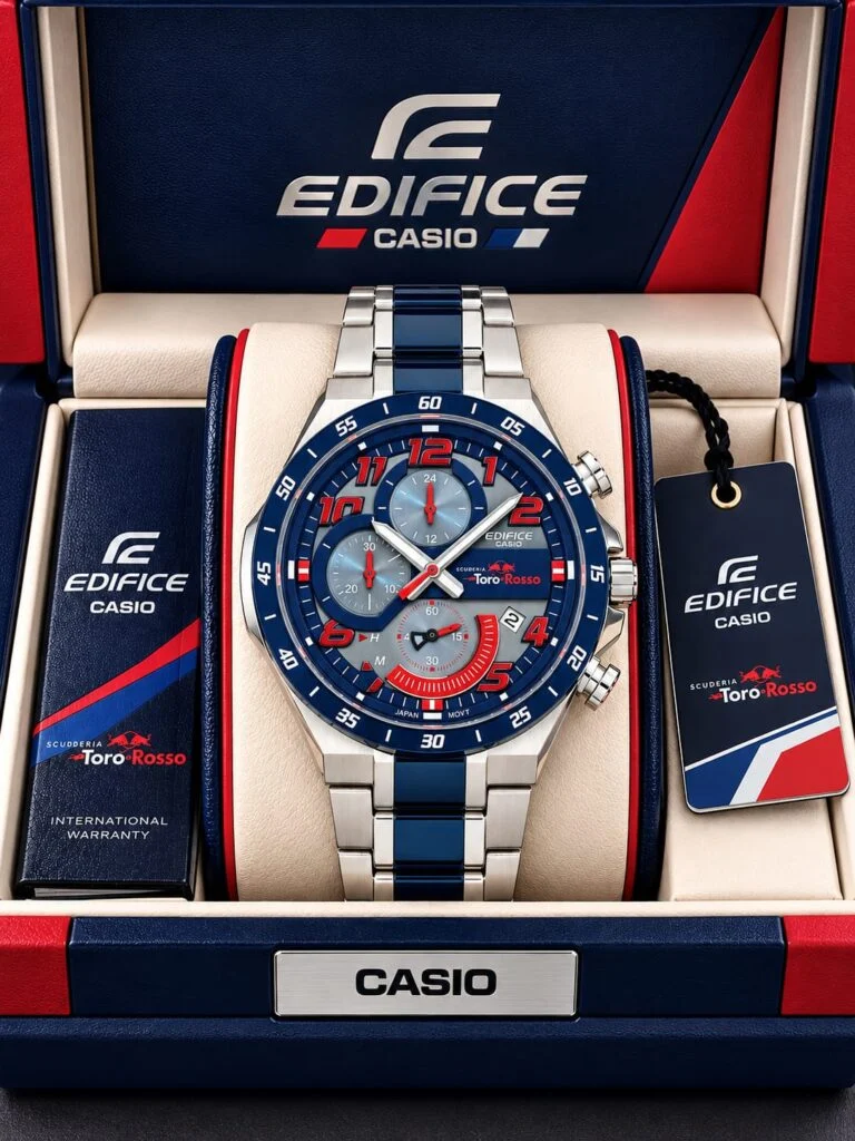 Racing chronograph watch with a blue textured dial, red accents and a two-tone steel bracelet