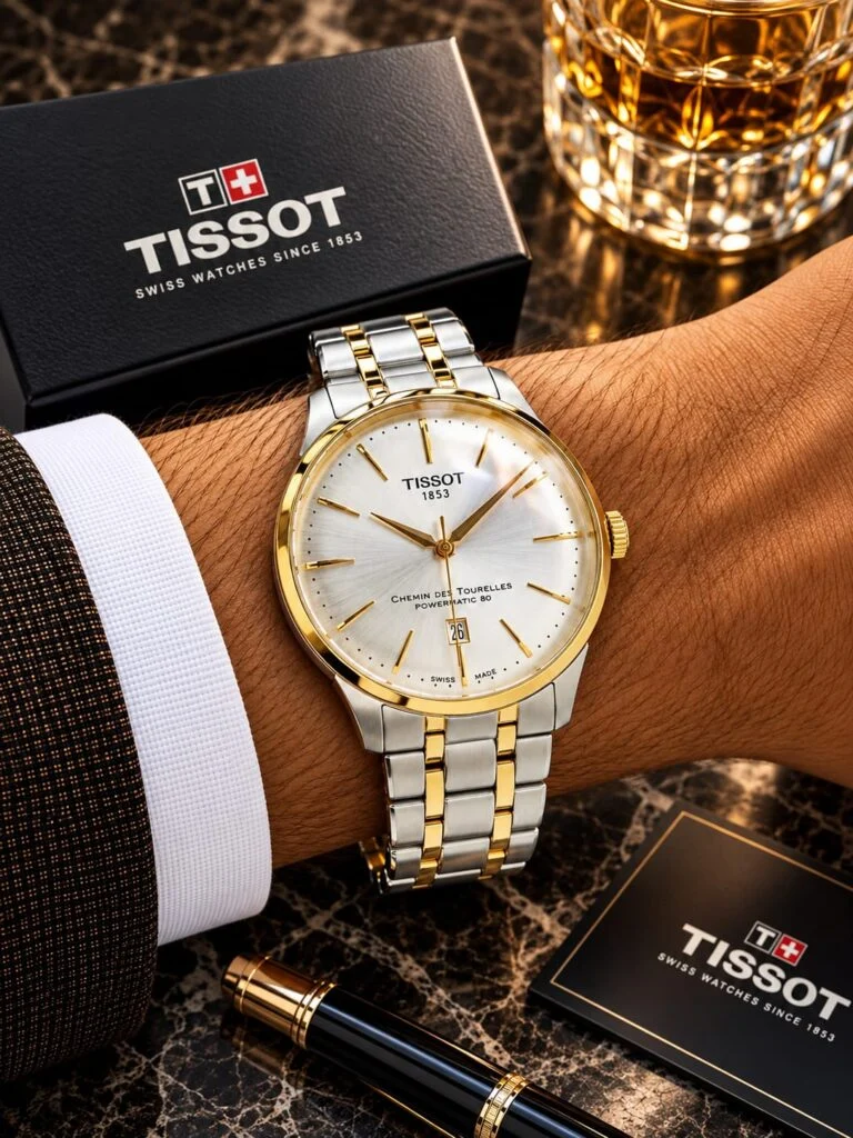 Two-tone automatic dress watch with a silver sunburst dial and gold-tone markers