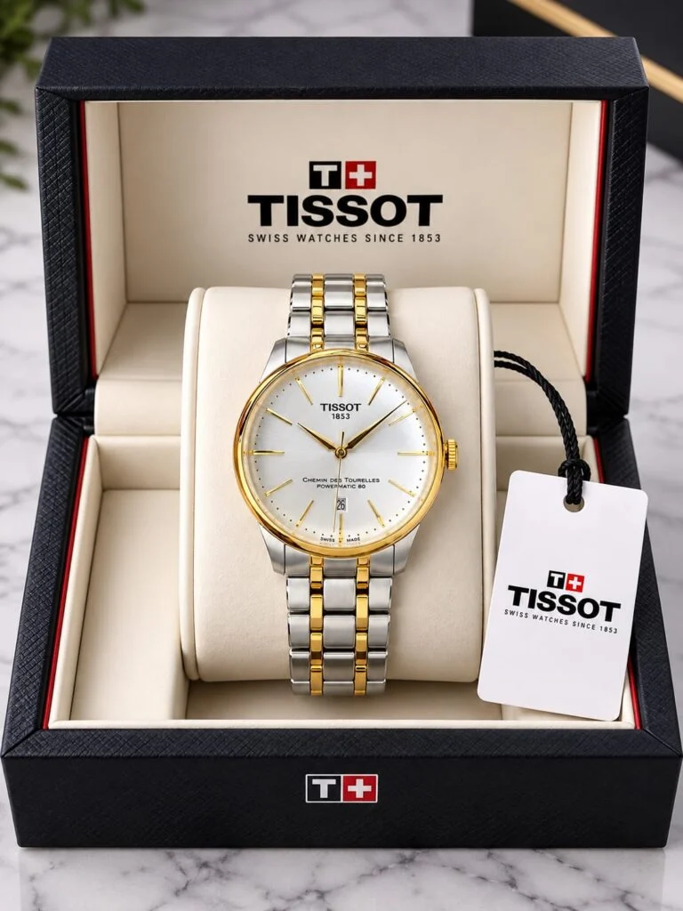 Two-tone automatic dress watch with a silver sunburst dial and gold-tone markers